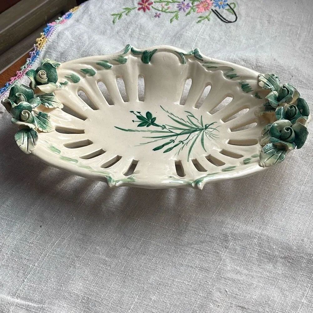 Antique Italian Majolica basket raised floral decor